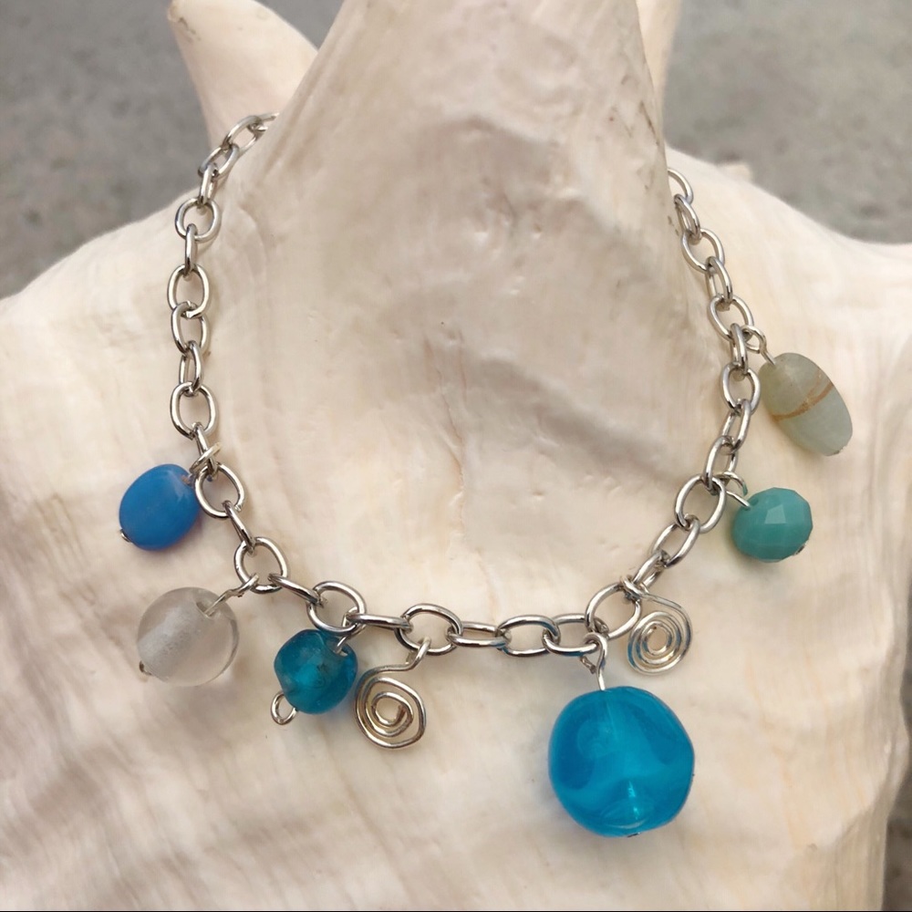 Bracelets Glass Beads Blue Stone and Crystal.